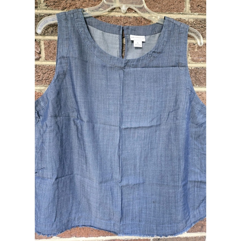 Liz Claiborne Chambray Keyhole Neck XL Tank Distressed Raw Hem Casual Coastal